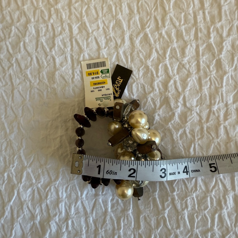 Statement Pearl & Wood Beaded Stretch Bracelet – New with Tags - Picture 9 of 9